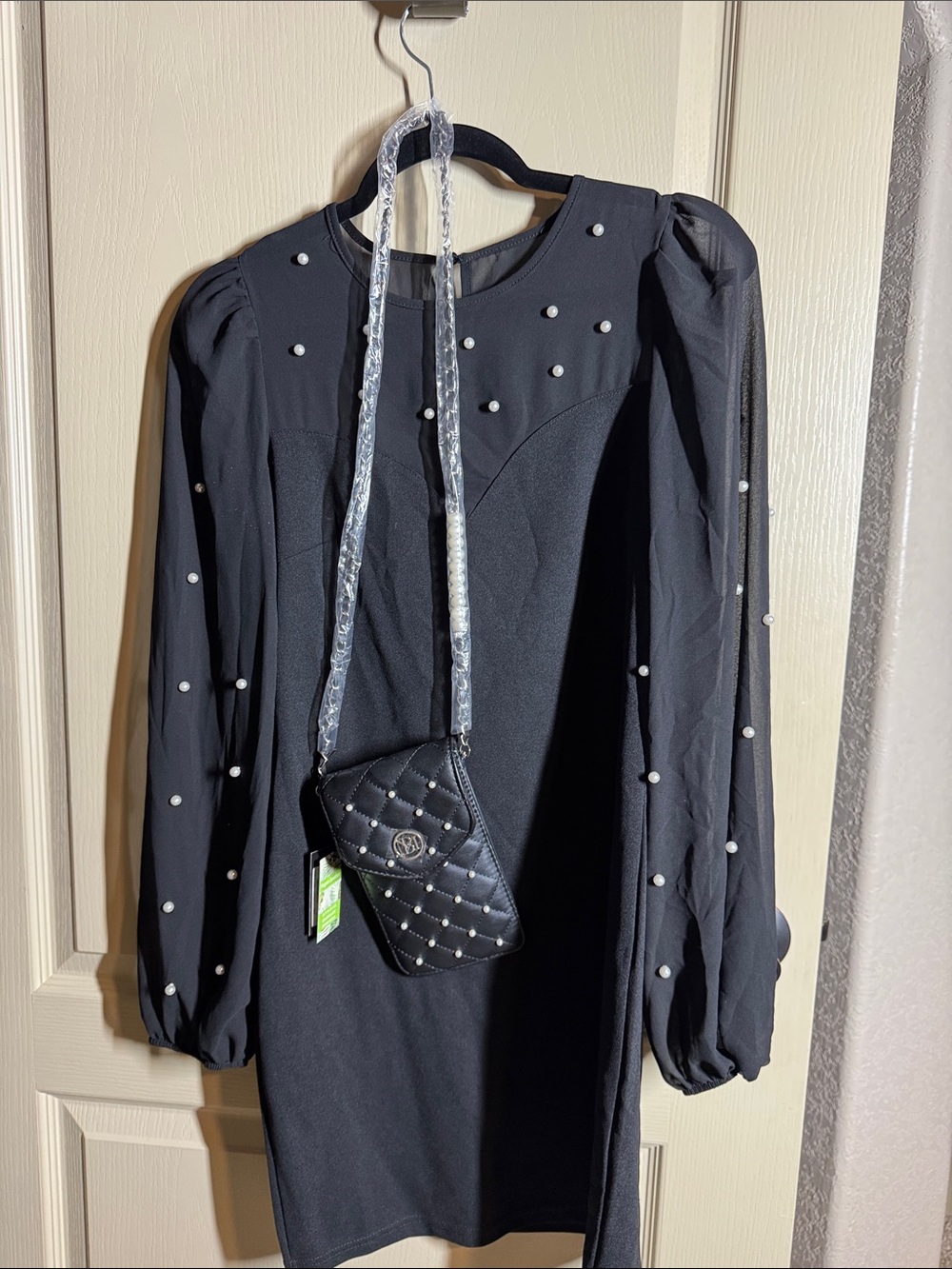 SHEIN Black Long Sleeve Pearl-Accent Mini Dress with BM Crossbody Bag